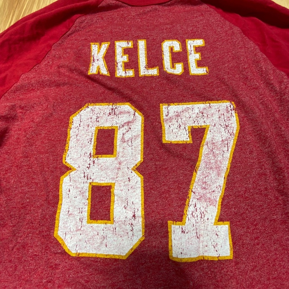 Majestic Threads Women's Travis Kelce‎ #87 Kansas City Chiefs Raglan Tee L